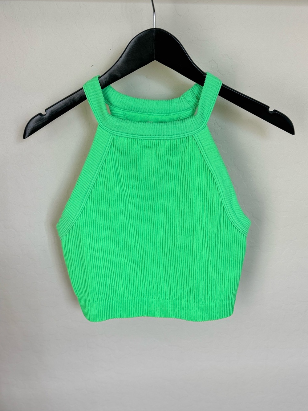 Aerie Superchill Seamless Rib High Neck Bra Halter Crop Top Neon Lime Green XL